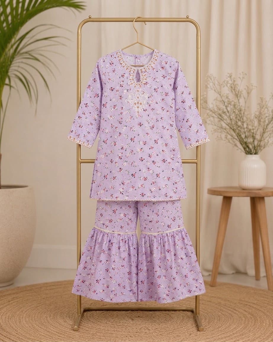 Printed embrioded gharara for kids 2 pc ready to wear