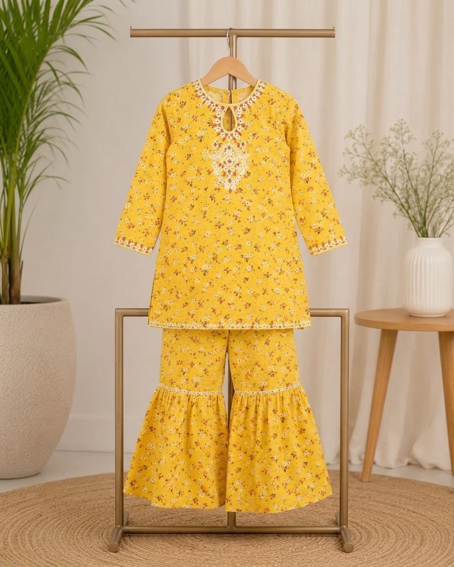 Printed embrioded gharara for kids 2 pc ready to wear